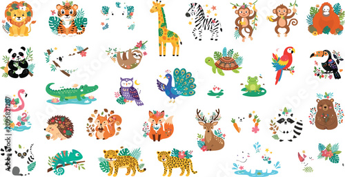 Photography Cute jungle and forest animals cartoon collection with tropical safari wildlife and woodland characters