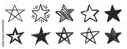 Set of hand drawn star shapes with grunge texture