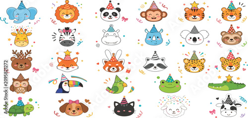 Photography Cute safari and jungle animals wearing party hats celebrating children birthday