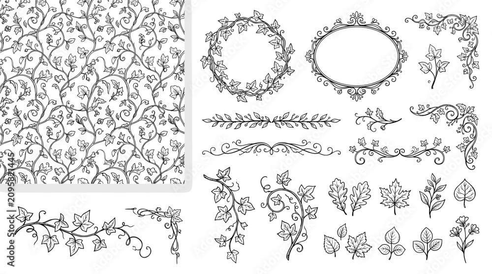 Fototapeta premium Hand-drawn vines seamless pattern, vector element set