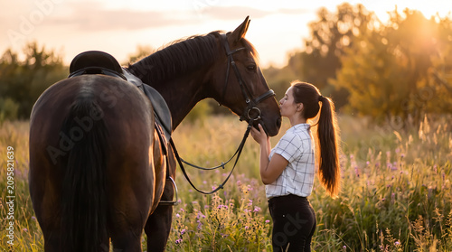 A young woman shares a tender moment with her horse at sunset