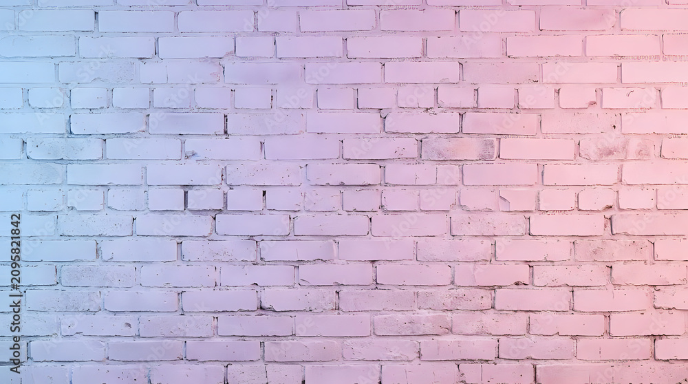 Obraz premium Light pastel blue and pink gradient illumination on a rustic white brick wall