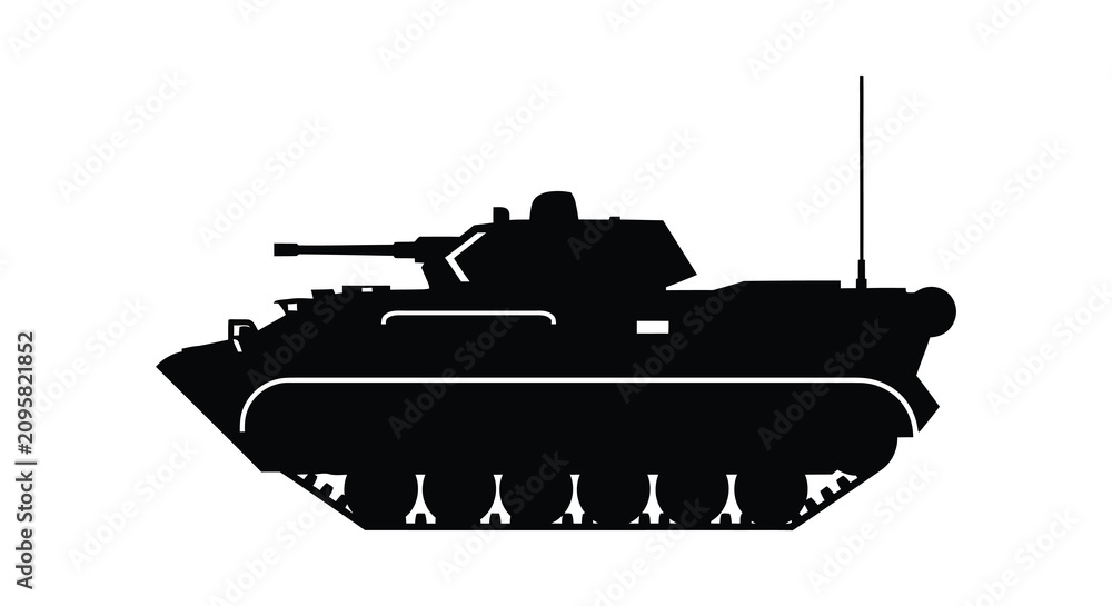 Fototapeta premium Tank Silhouette Against White Background Monochrome Military Vehicle Outline