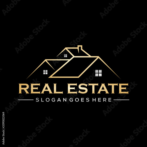 Elegant Real Estate Logo Design with three simple luxury house roofs with Gold colored lines and Silver windows on Black Background