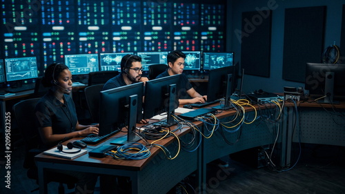 Realistic photo of a small cybersecurity operations room with three diverse analysts around a curved desk, glowing but unreadable monitors, network cables, headset microphones and a wall of softly