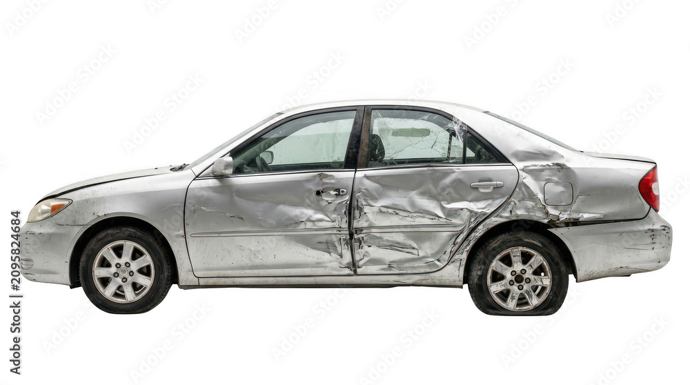 Obraz premium Silver sedan car with heavy side damage isolated on transparent background