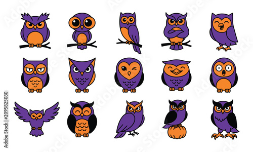 Cute Purple Owl Cartoon Clipart Collection  Funny Owl Characters Vector Illustration Set