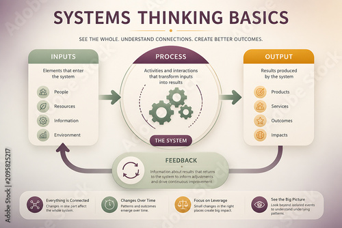 An infographic illustrates the basics of systems thinking, detailing inputs, process, output, and feedback loops.