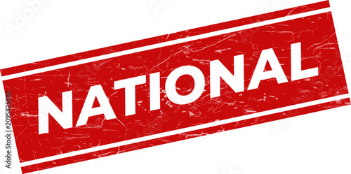 A distressed red rubber stamp featuring the word NATIONAL in bold uppercase letters on a clean surface