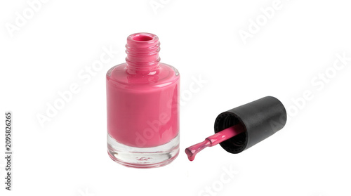 Open pink nail polish bottle with brush applicator isolated on a transparent background. Concept of cosmetics, makeup fashion, pedicure treatment, female grooming, and beauty product.