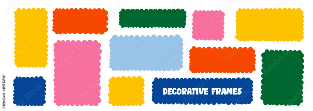 Fototapeta premium Text, wavy, and box organic shapes with a square frame, rectangle doodle, curvy form, and minimalist edge for a smooth vector background. Playful scribble elements and fluid lines