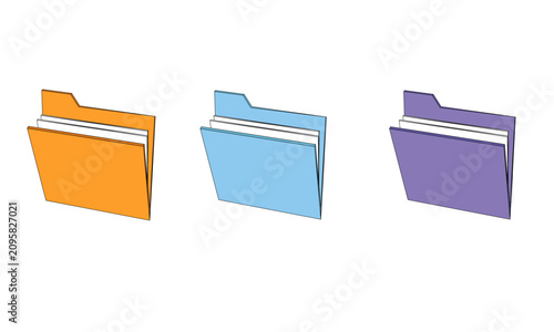 Set of Three Colorful 3D Folder Icons in Orange, Light Blue, and Purple Shades with Paper Documents Inside Isolated on a White Background