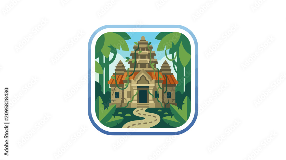 Fototapeta premium Asian temple in jungle icon with path entrance