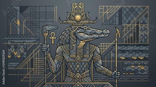 Ancient Egyptian God Sobek Illustration With Hieroglyphic Background and Gold Detailing