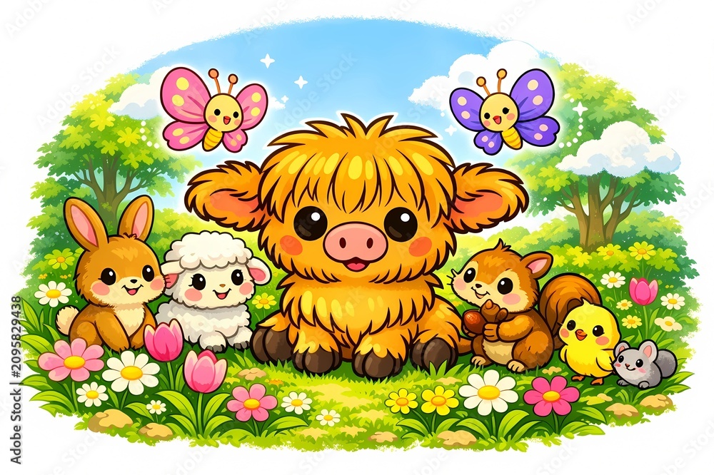 Naklejka premium Cute Fluffy Highland Cow Cartoon Character in Garden with Animal Friends, Bunny, Sheep, Squirrel, Chick and Butterflies - Kawaii Spring Illustration