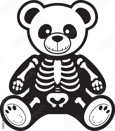 A cartoon teddy bear with a skeleton design and panda face is sitting on a white background.