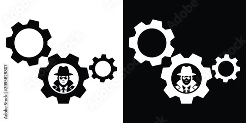 Secret agent or private detective figures inside interlocking gears. Concept icon for cyber security, spying or investigation.