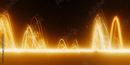 Golden distorted light wave in abstract 3D data visualization. Magic quantum energy particles.