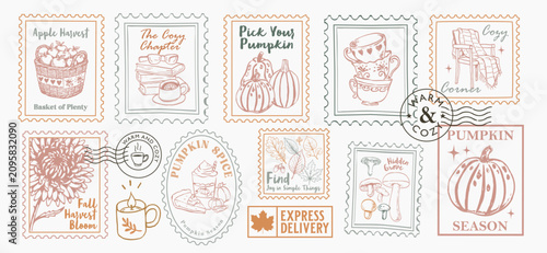 Vintage autumn postage stamp collection with pumpkins, tea, books, mushrooms, apple harvest and botanical illustrations. Cozy retro seasonal set for stickers, cards, stationery and branding.