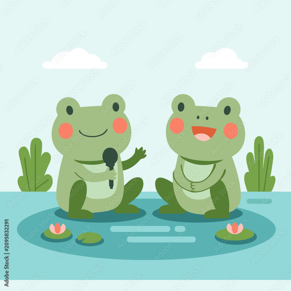 Naklejka premium Cute Frog Interview Flat Vector Illustration