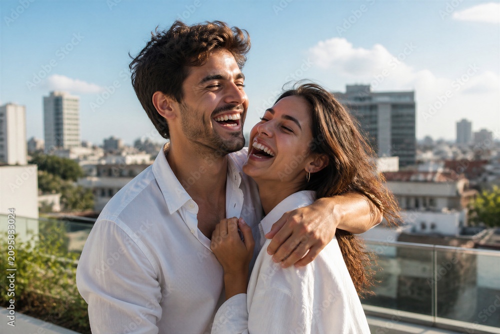 Obraz premium Couple laughing together on rooftop with city skyline