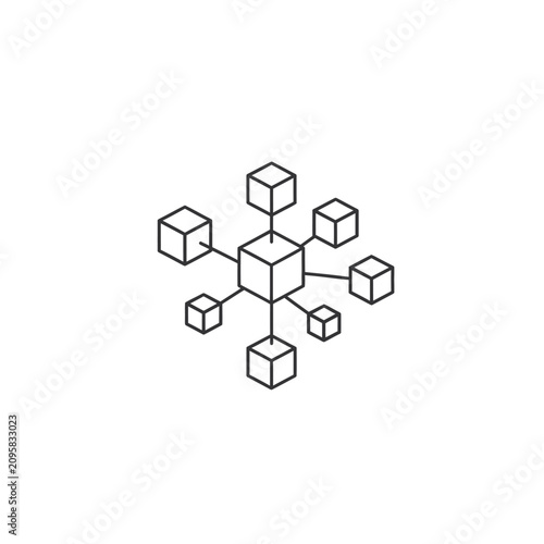 Minimalist isometric blockchain network icon with connected cubes