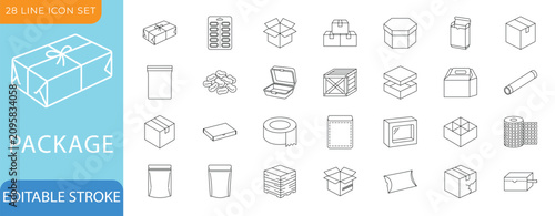 Package Line Icon Set. Packaging, Box, Parcel, and Carton. Editable Stroke Vector Illustration.
