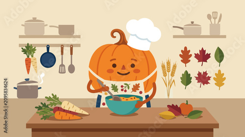 Cute Pumpkin Chef Cooking in Kitchen