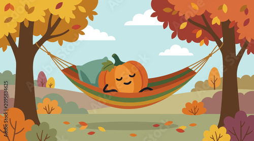 Cute Pumpkin Character Relaxing in a Hammock During Autumn Season