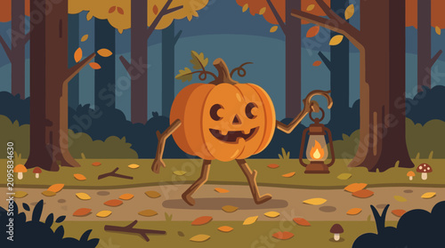 Cute Pumpkin Character Walking Through Autumn Forest with Lantern