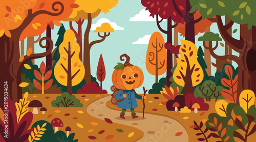 Cute Pumpkin Head Character Hiking in an Autumn Forest