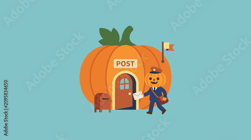Cute Pumpkin Postman Delivering Mail at a Pumpkin Post Office