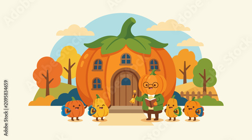 Cute Pumpkin Teacher and Students at Pumpkin Schoolhouse Illustration