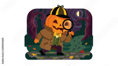 Detective Pumpkin Character with Magnifying Glass in Haunted Forest