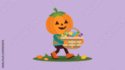 Cute Pumpkin Head Child Character Trick or Treating for Halloween Candy