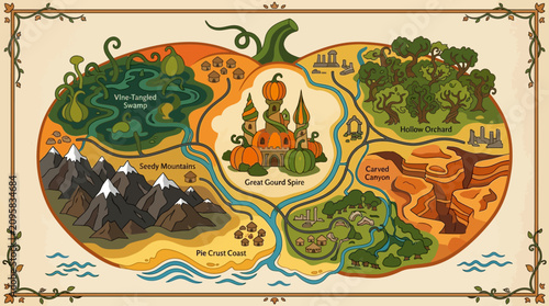 Fantasy Pumpkin Map Illustration with Magical Lands and Castles