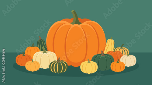 Flat Vector Illustration of Assorted Pumpkins and Squashes for Autumn Harvest