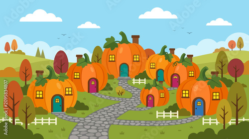 Whimsical Pumpkin House Village in Autumn Landscape