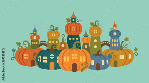 Whimsical Halloween Pumpkin Village Illustration