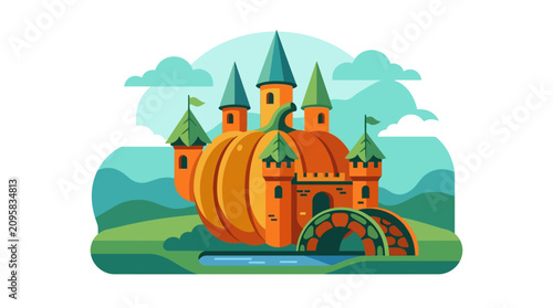 Whimsical Pumpkin Castle Illustration with Towers and Bridge
