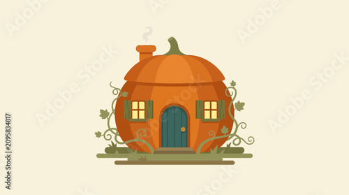 Whimsical Pumpkin House Illustration for Fall Season