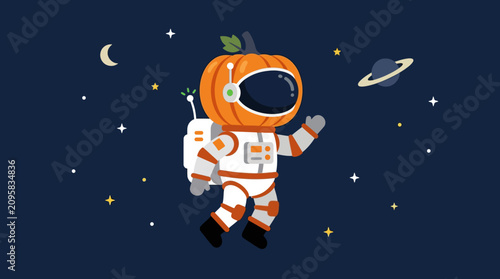 Astronaut Pumpkin Character Floating in Outer Space