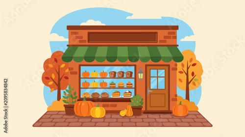 Autumn Bakery Shop Exterior with Pumpkins and Seasonal Treats