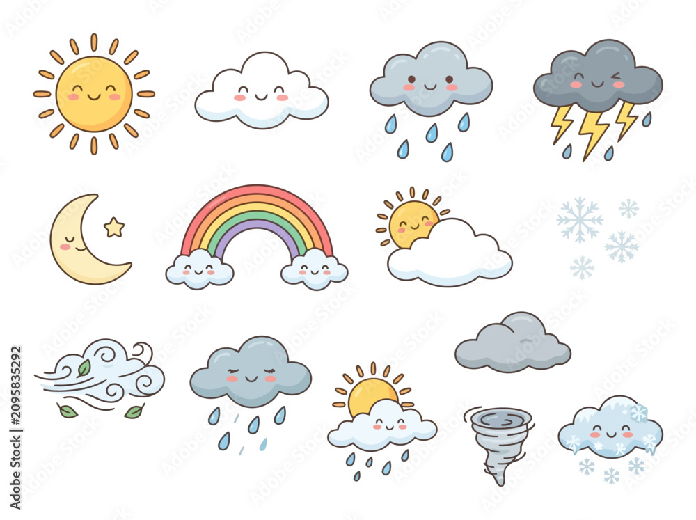Obraz premium Set of cute hand drawn weather icons with smiling faces.