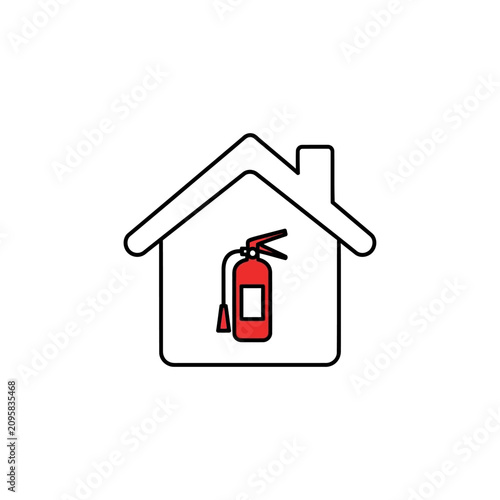 House fire safety icon with red fire extinguisher