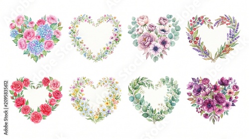 Watercolor floral hearts collection isolated on white. Hand-painted beautiful romantic wreaths in heart shape featuring pink roses, peonies, hydrangea, eucalyptus and lavender. Perfect for Valentine's