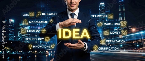 A businessman holds a lightbulb symbolizing innovative ideas surrounded by icons of data strategy technology and marketing set against a vibrant urban backdrop at night.