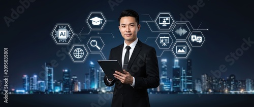Confident businessman in formal attire holding a tablet with digital icons representing technology and innovation set against a modern city skyline at night.