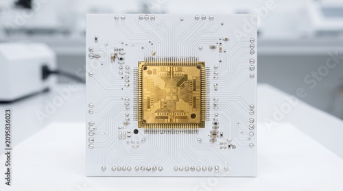 Advanced Quantum Computing Processor Microchip with Gold Plated Circuitry on White Ceramic Substrate in High Tech Laboratory