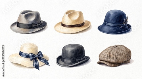 Elegant watercolor classic hats collection isolated on white. Features grey fedora, straw panama, blue cloche with feather, wide brim summer hat, black bowler and tweed flat cap. Ideal for gentleman a
